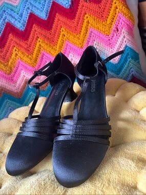 Yessa Black Satin T-Strap Dress Heels with Layered Straps
